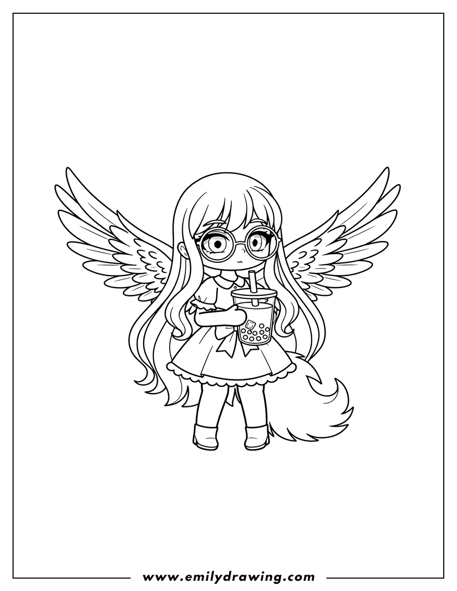Outline drawing of easy Gacha Life Girl With Wings And Tail Outline, wearing glasses and holding bubble tea