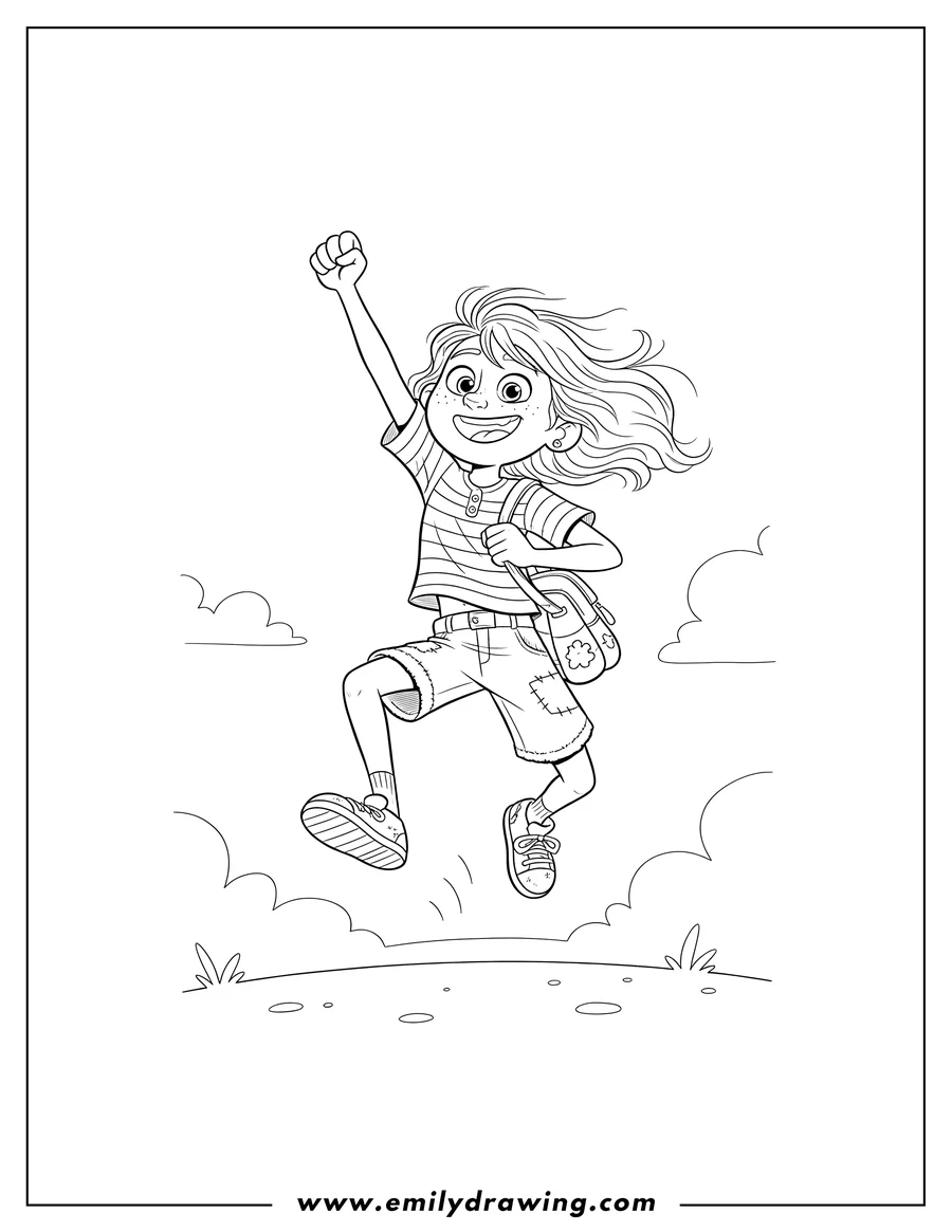 Clean line drawing: simple Giulia Marcovaldo leaping with one arm raised, smiling