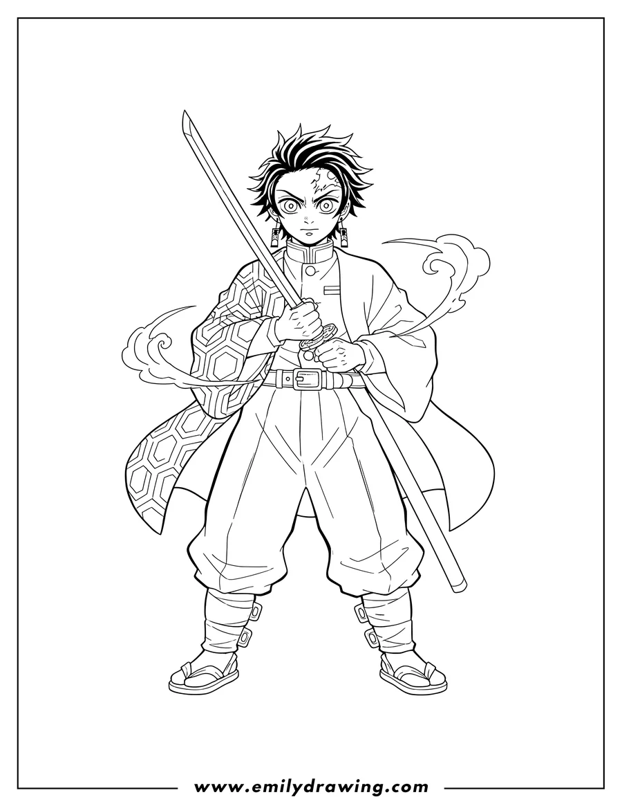 Black and white line art of giyu Tomioka holding a katana with both hands, wearing his patterned haori