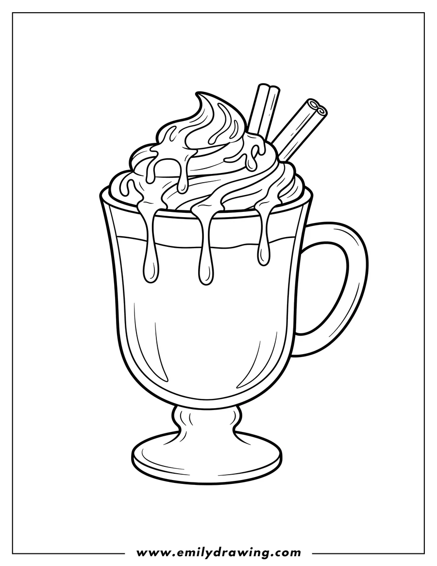Coloring sheet featuring simple Hot Chocolate in a footed glass mug with a handle, topped with whipped cream, chocolate drizzle, and cinnamon sticks