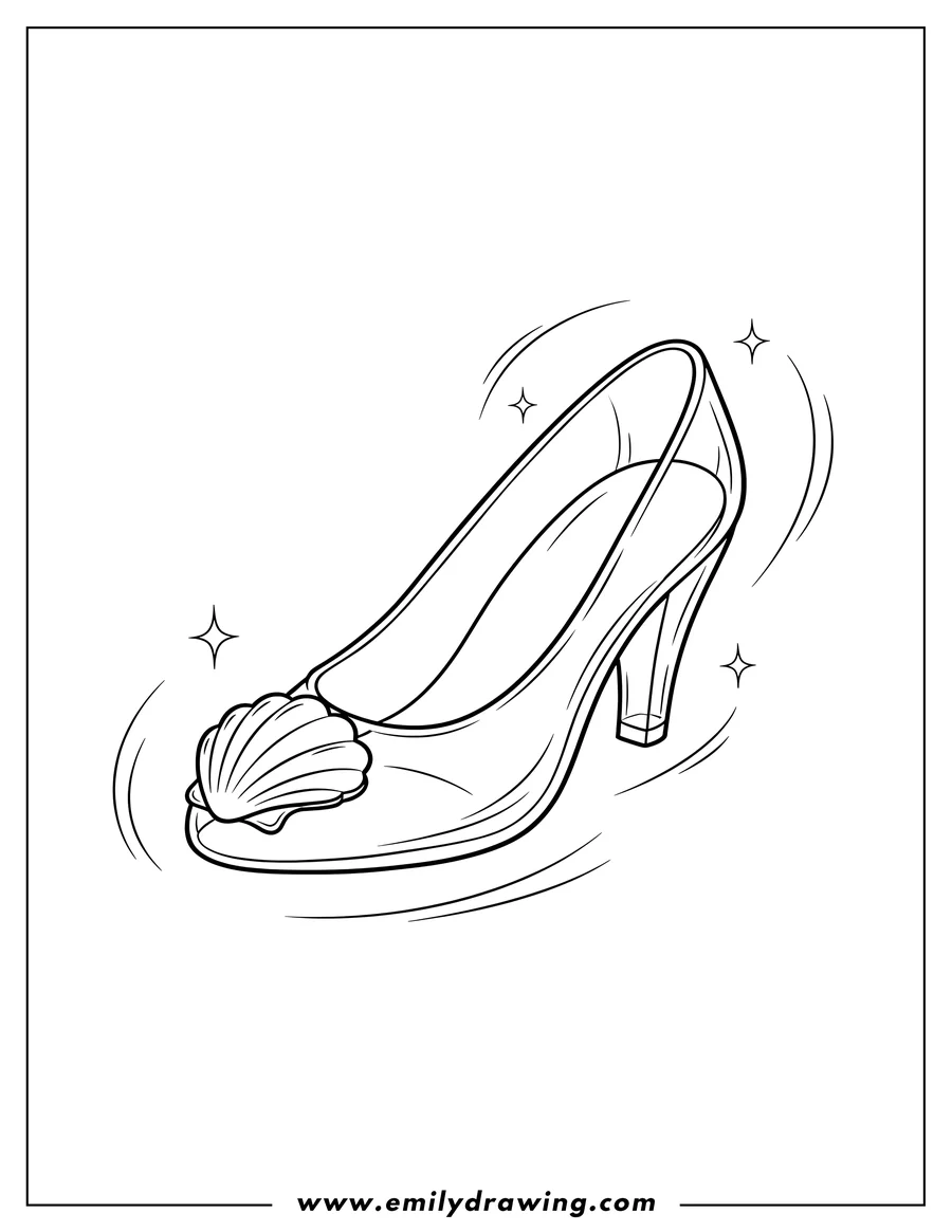 PDF style coloring page: cinderella's glass slipper with a shell-like toe embellishment