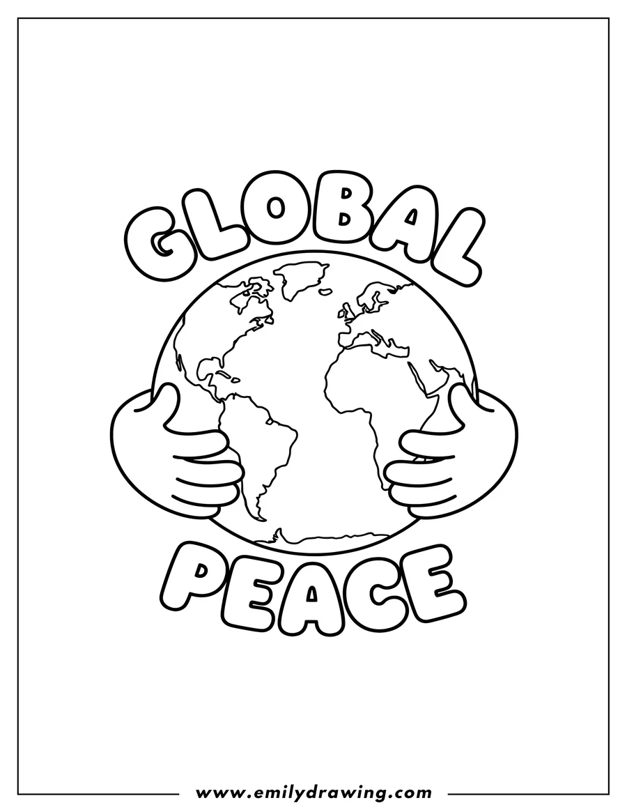 Outline drawing of planet Earth being hugged by hands, with bubbly letters spelling 'GLOBAL' above and 'PEACE' below