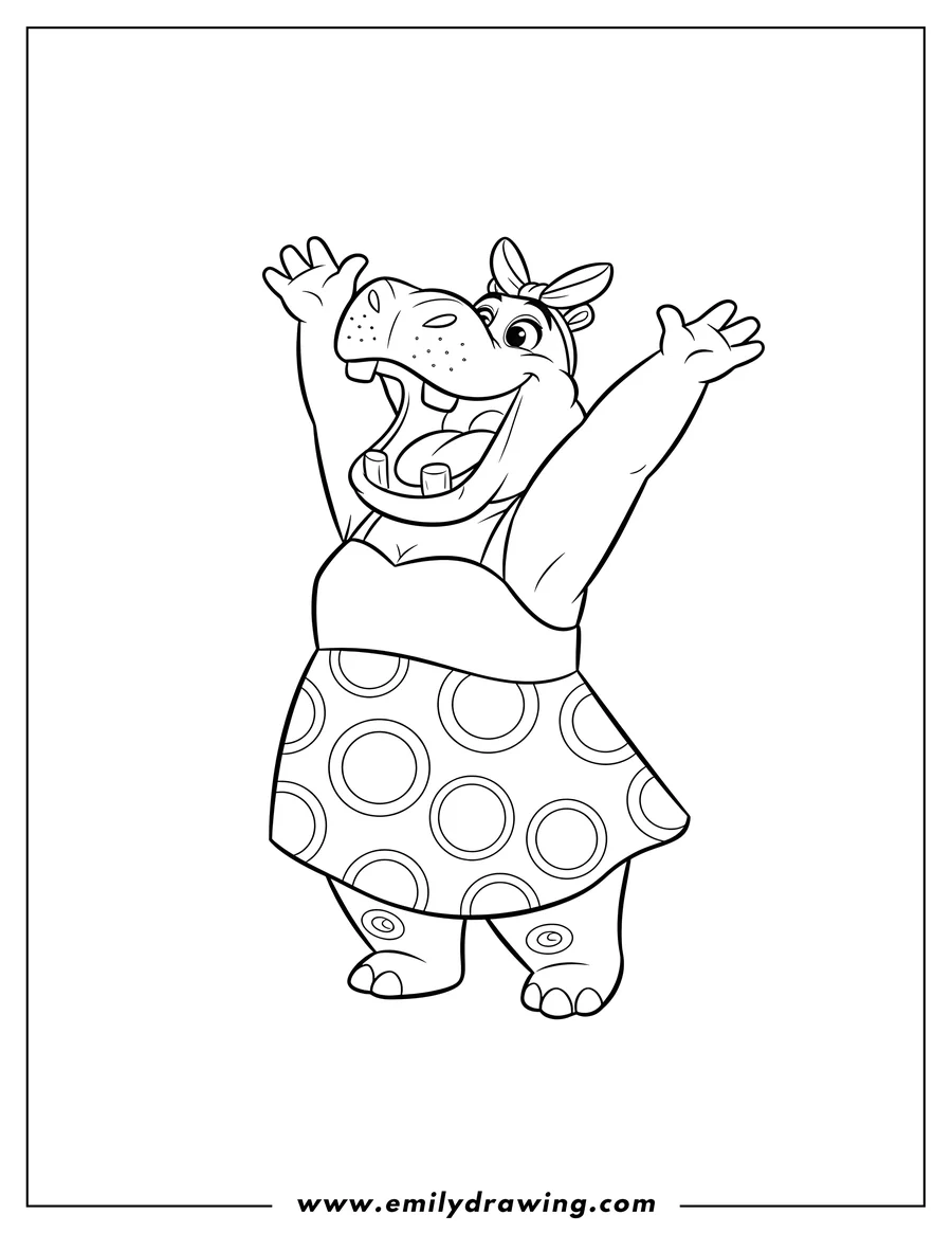 Printable coloring page of gloria Hippopotamus standing up, arms raised, mouth open wide