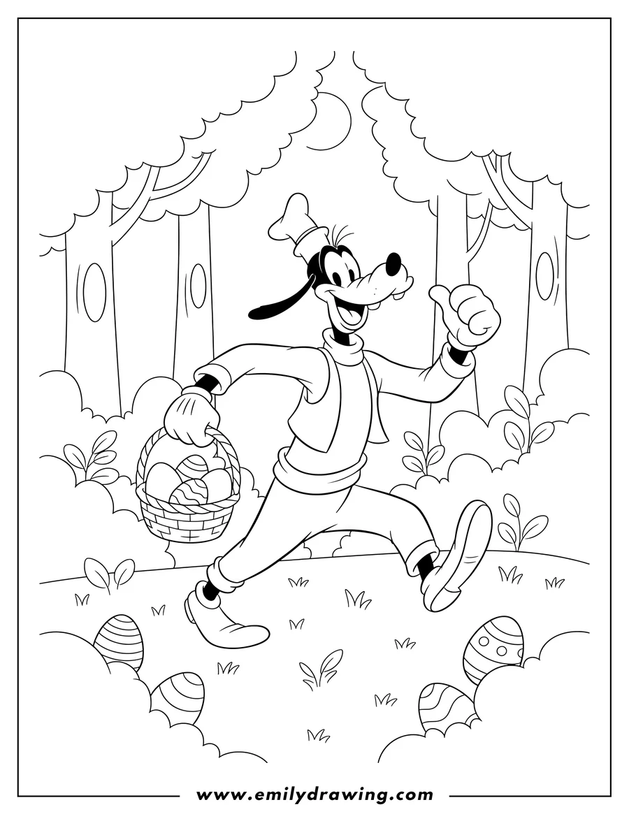 Outline drawing of goofy joyfully striding through a forest with an open mouth smile, carrying an Easter egg basket