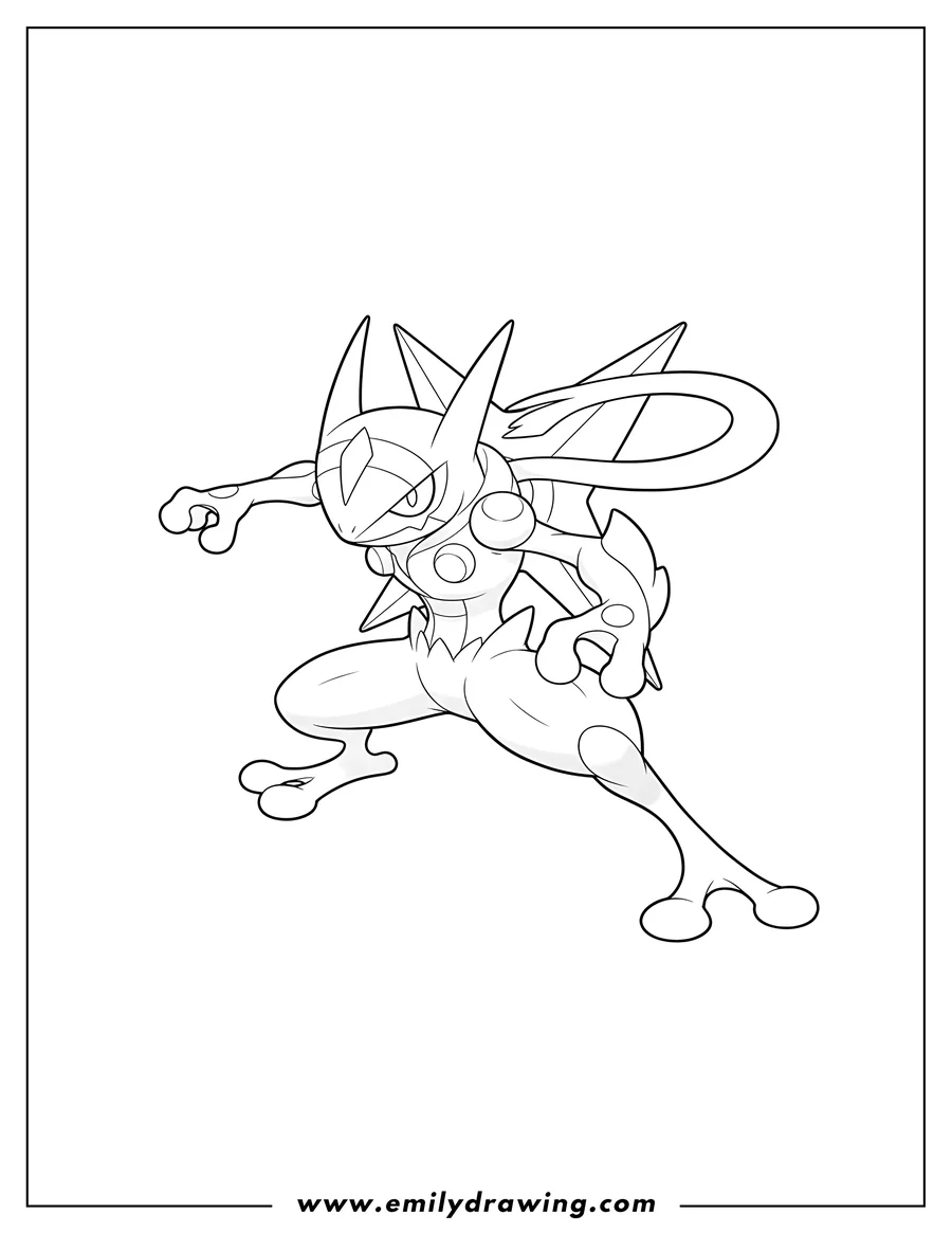 PDF style coloring page: simple Greninja Outline in an action pose