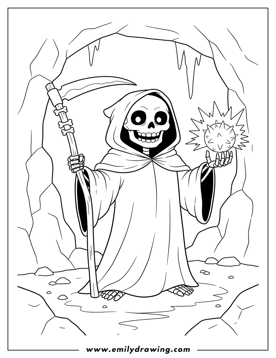 PDF style coloring page: skeletal Grim Reaper with scythe holding a glowing, spiky orb in a cave