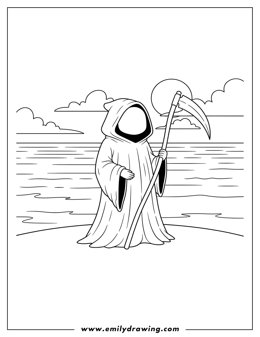 Printable line art of grim Reaper in a hooded cloak holding a scythe upright, looking out at the ocean from a cliff