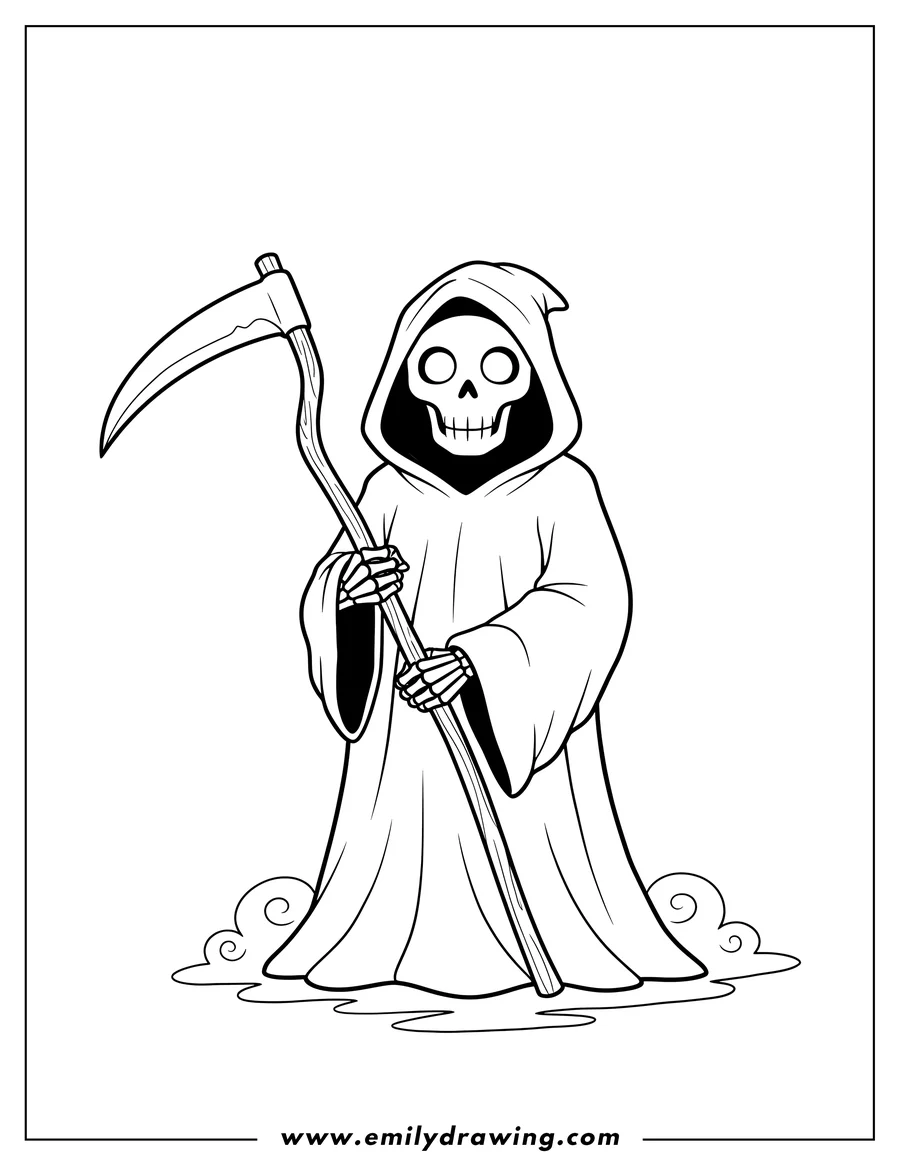 PDF style coloring page: simple Grim Reaper in a hooded robe, standing and holding a scythe
