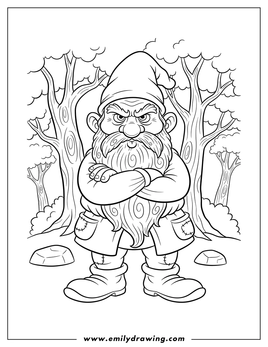 Coloring sheet featuring grumpy Dwarf Forest, arms crossed and pouting