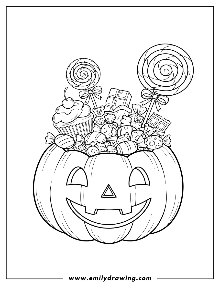 Black and white line art of halloween pumpkin with a cute smiling face, overflowing with candies, a lollipop, and a cupcake