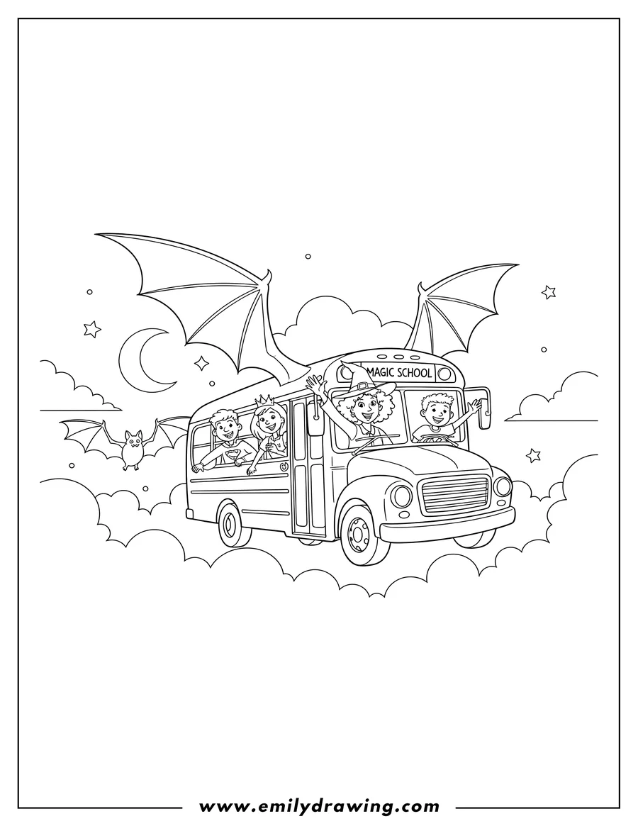 Full page coloring image of halloween Magic School Bus flying with bat wings, Ms. Frizzle, Ralphie, Anne, and Tim looking out the window, with a bat flying alongside