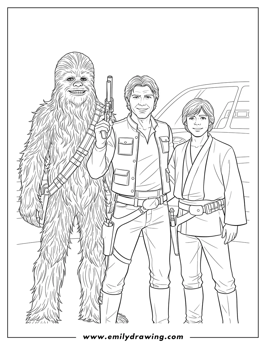 Vector style outline of han Solo with blaster, Chewbacca with bandolier, and Luke Skywalker