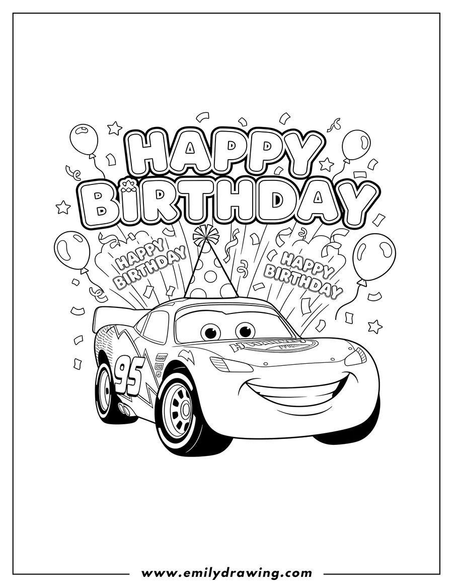 Full page coloring image of happy Birthday Lightning Mcqueen Parties Scaled, smiling with Happy Birthday text and celebratory confetti