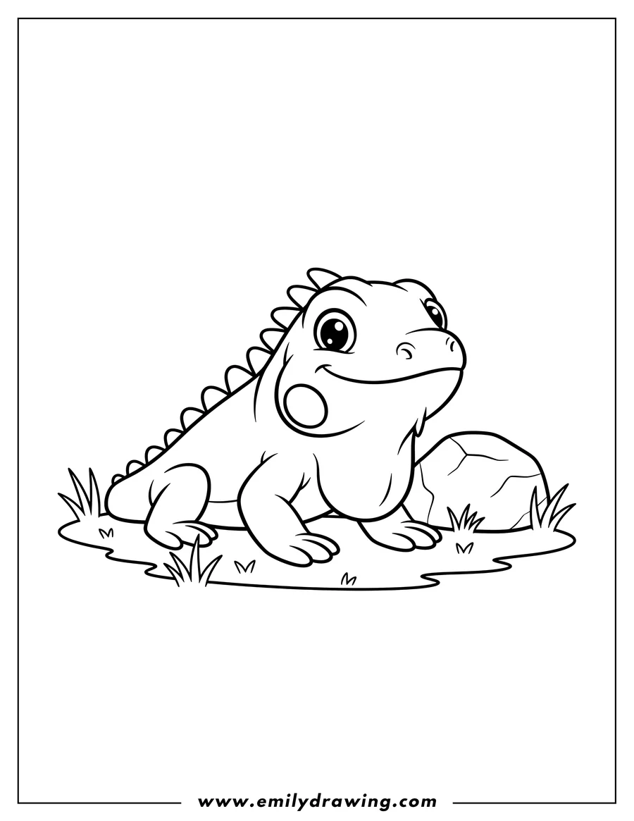 PDF style coloring page: happy Cartoon Iguana resting on grassy ground next to a rock
