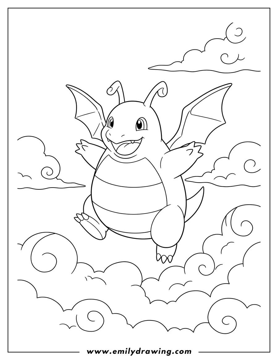 Doodle style coloring picture of happy Dragonite flying in clouds