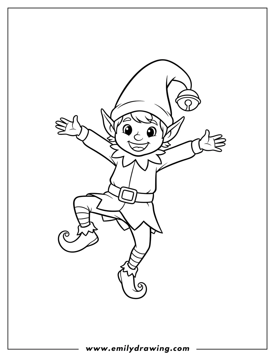 Black and white line art of simple Happy Elf wearing a pointy hat, dancing with one leg raised and arms spread, to color