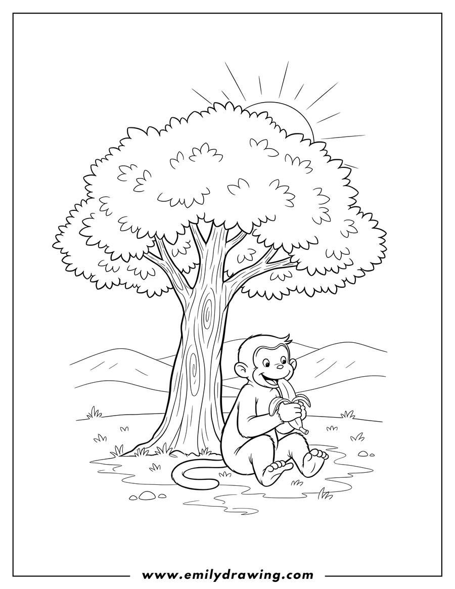 Printable line art of happy Curious George sitting under a tree, eating a banana