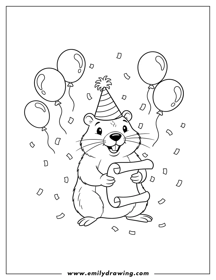 Simple sketch of happy Groundhog Day with a groundhog wearing a party hat and holding a scroll, surrounded by balloons and confetti to color