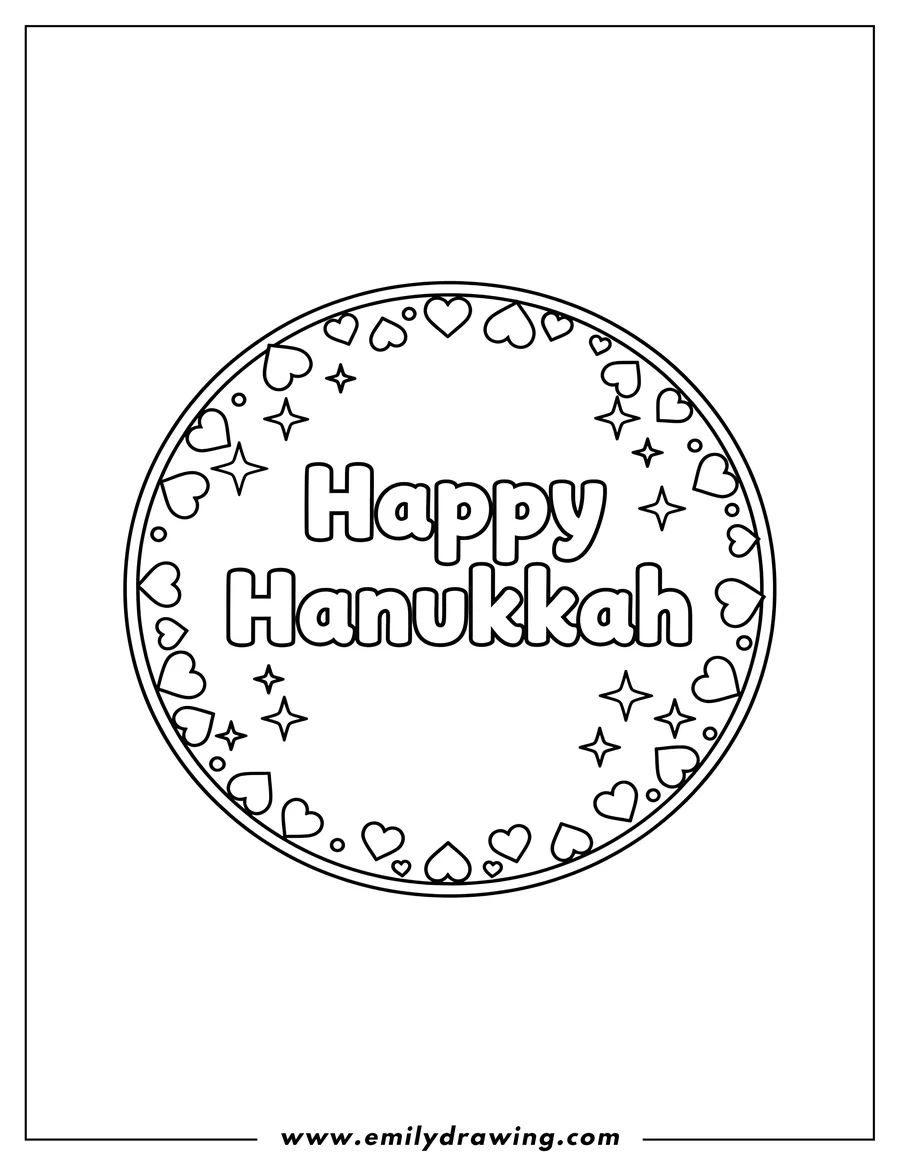 Coloring sheet featuring happy Hanukkah script inside a circle with sparkle bursts and heart borders