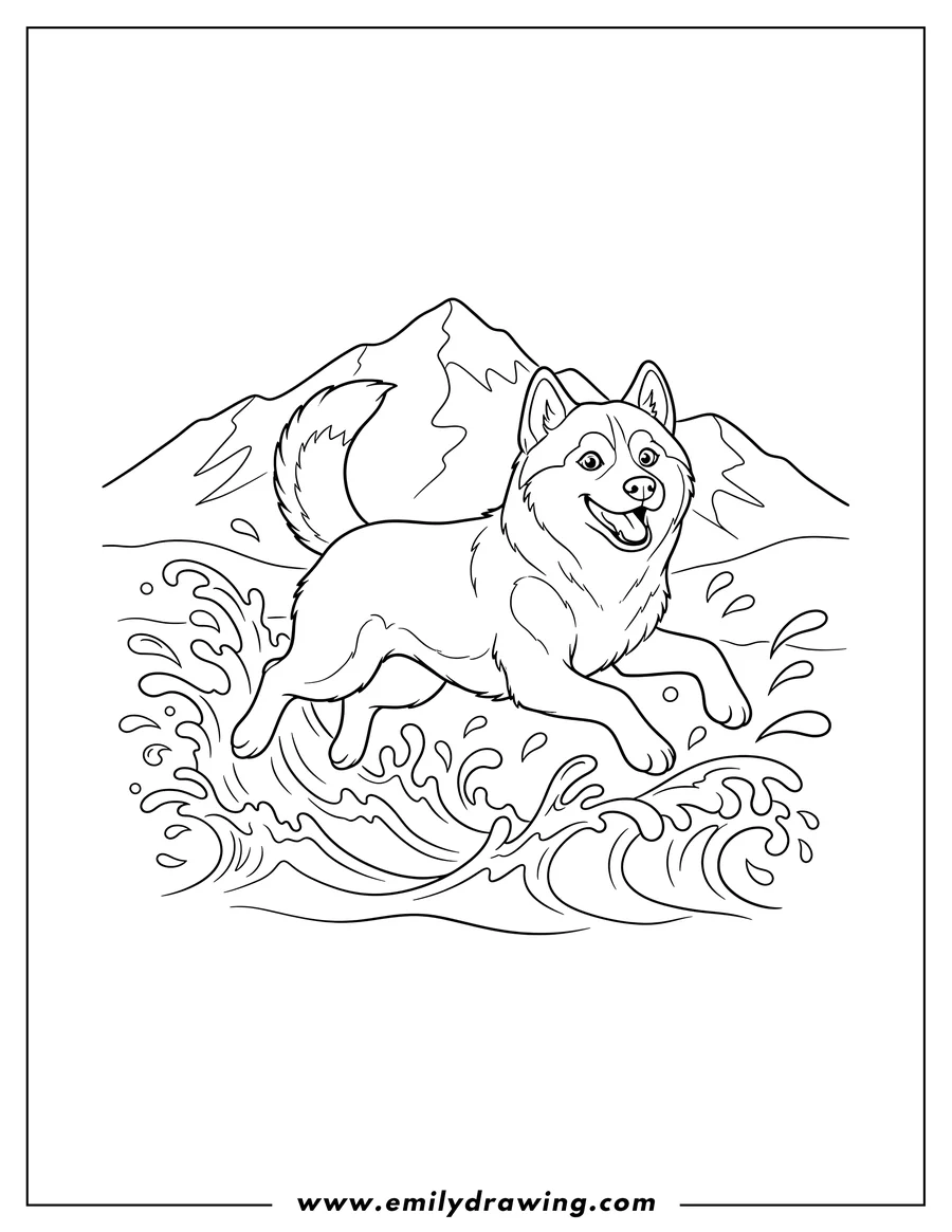 Black and white line art of happy husky grinning and splashing mid-air, with mountain background