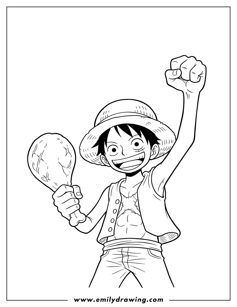 PDF style coloring page: easy Luffy wearing a straw hat, broadly smiling, holding a chicken leg and raising a fist