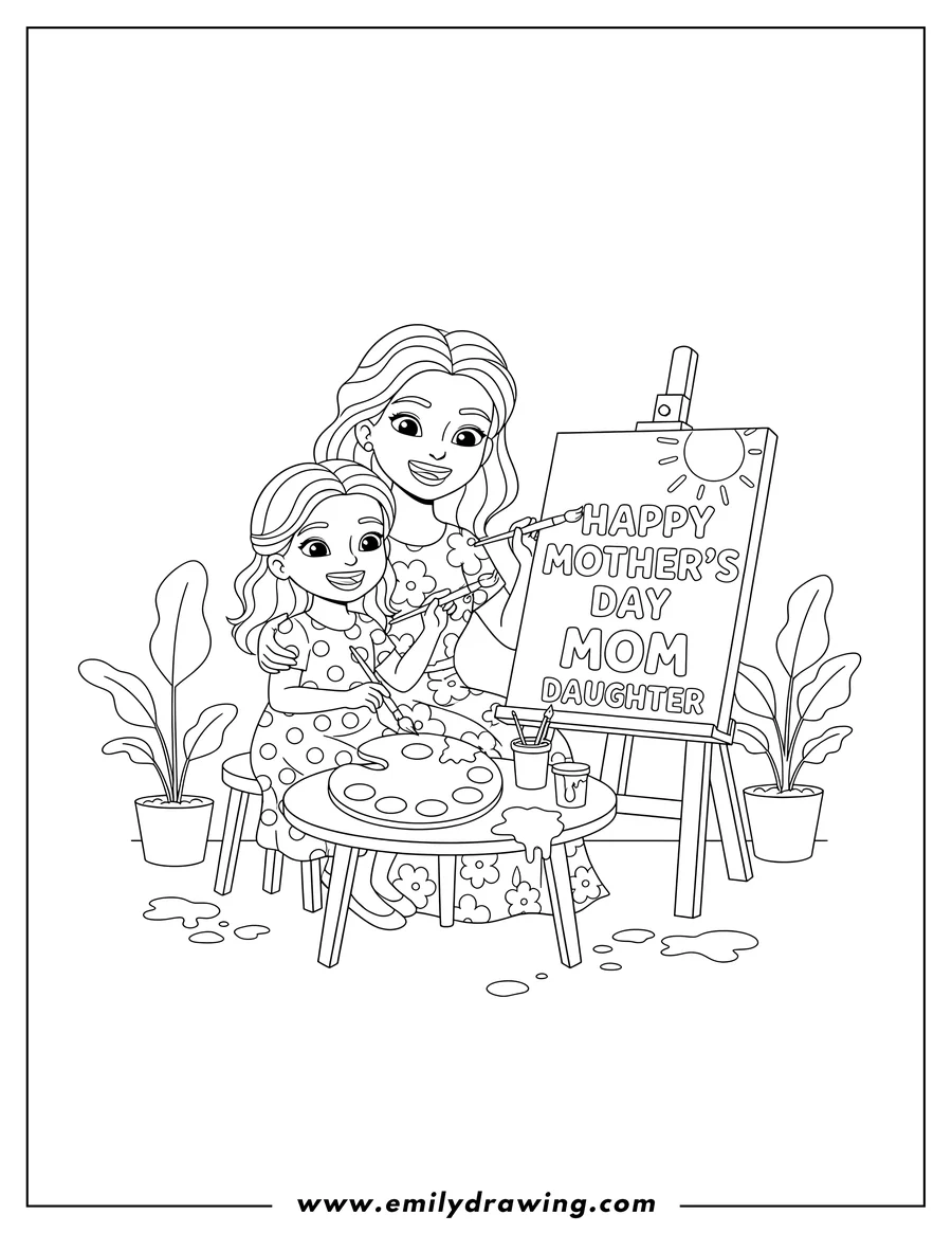 Coloring page for kids: simple Happy Mother S Day With Mom And Daughter Painting with brushes and smiling