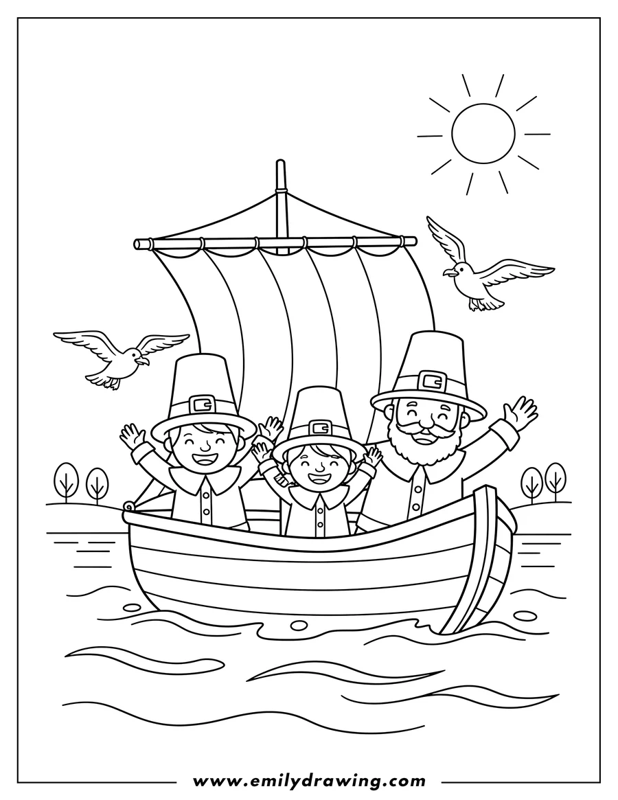 PDF style coloring page: happy Pilgrims in hats waving from a boat, with seagulls