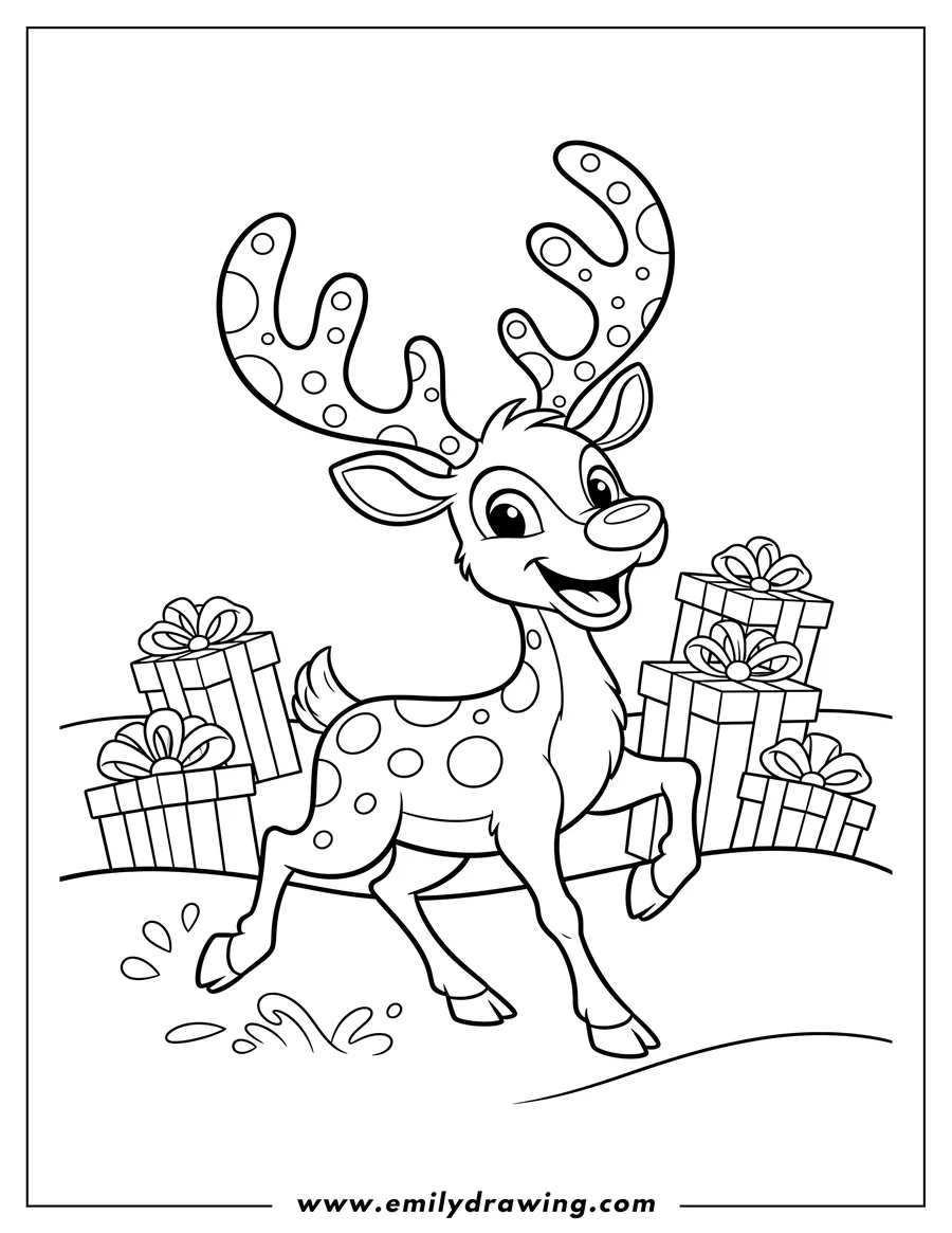Full page coloring image of happy Rudolph smiling, with antlers and spots, trotting snow with presents background