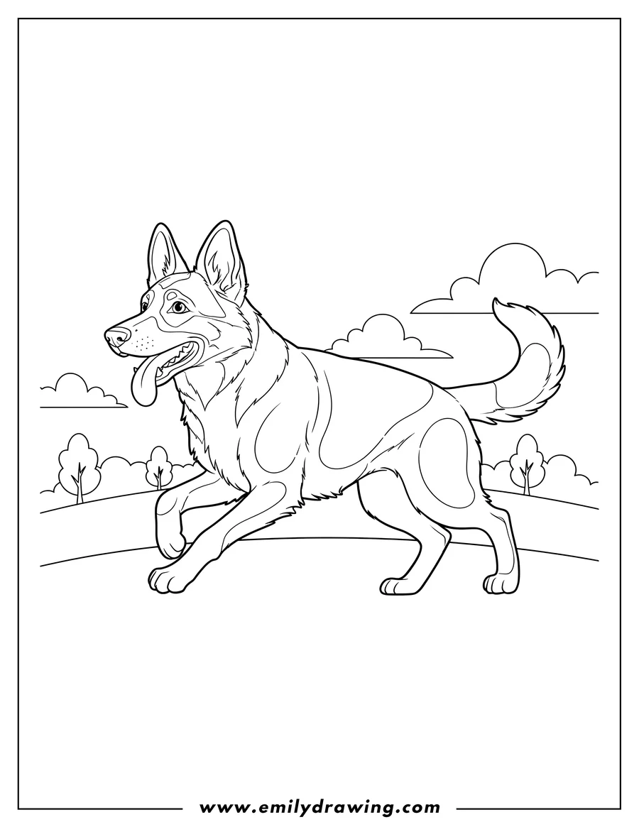 Downloadable coloring page of happy German Shepherd running with tongue out and ears perked