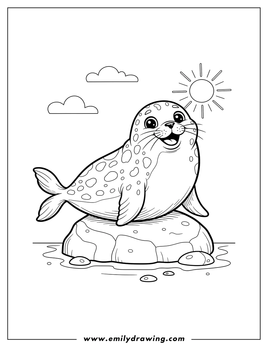 Outline drawing of happy spotted seal smiling on a rock