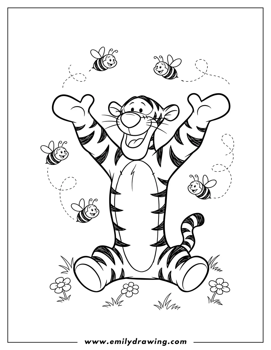 Linear illustration of happy Tigger From Winnie Pooh sitting with arms raised, open mouth, and bees flying around