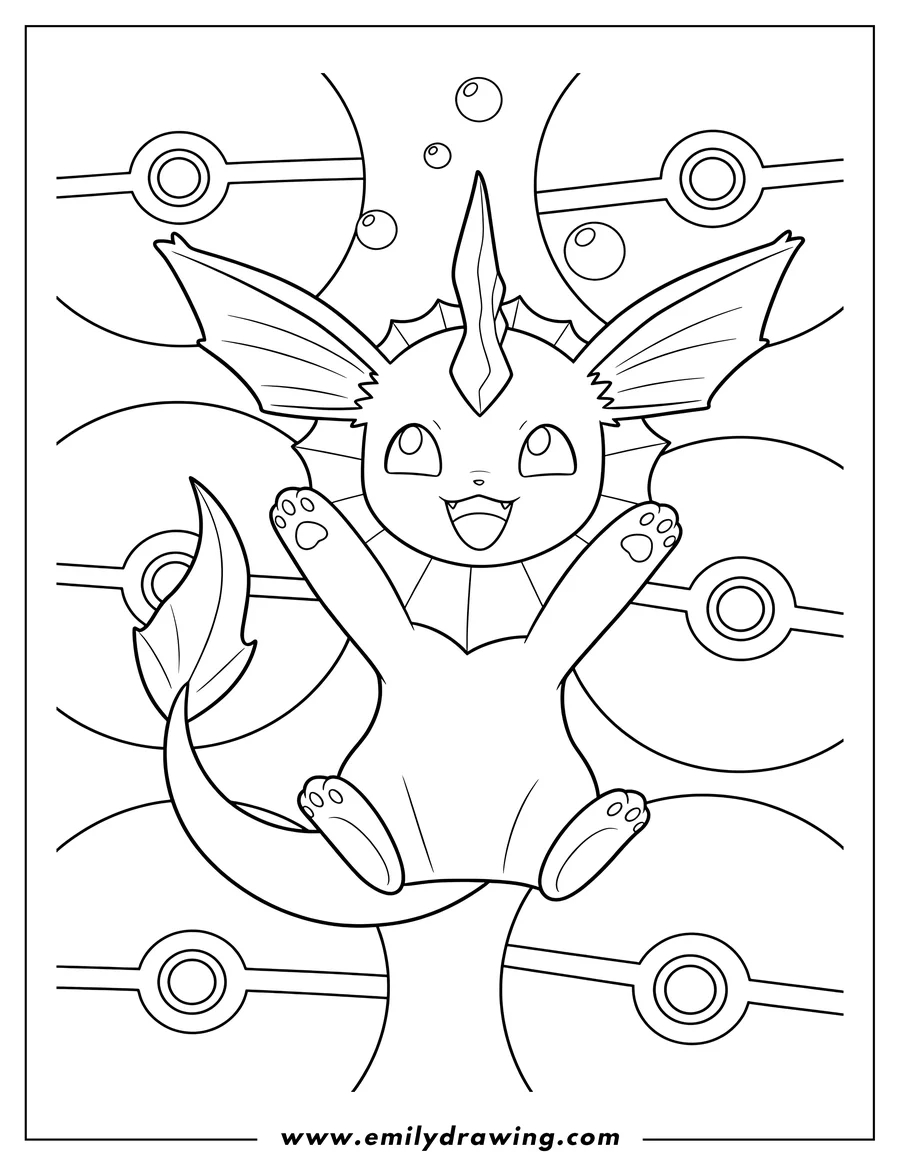 Coloring page for kids: happy Vaporeon sitting with its paws up, with a Pokeball background