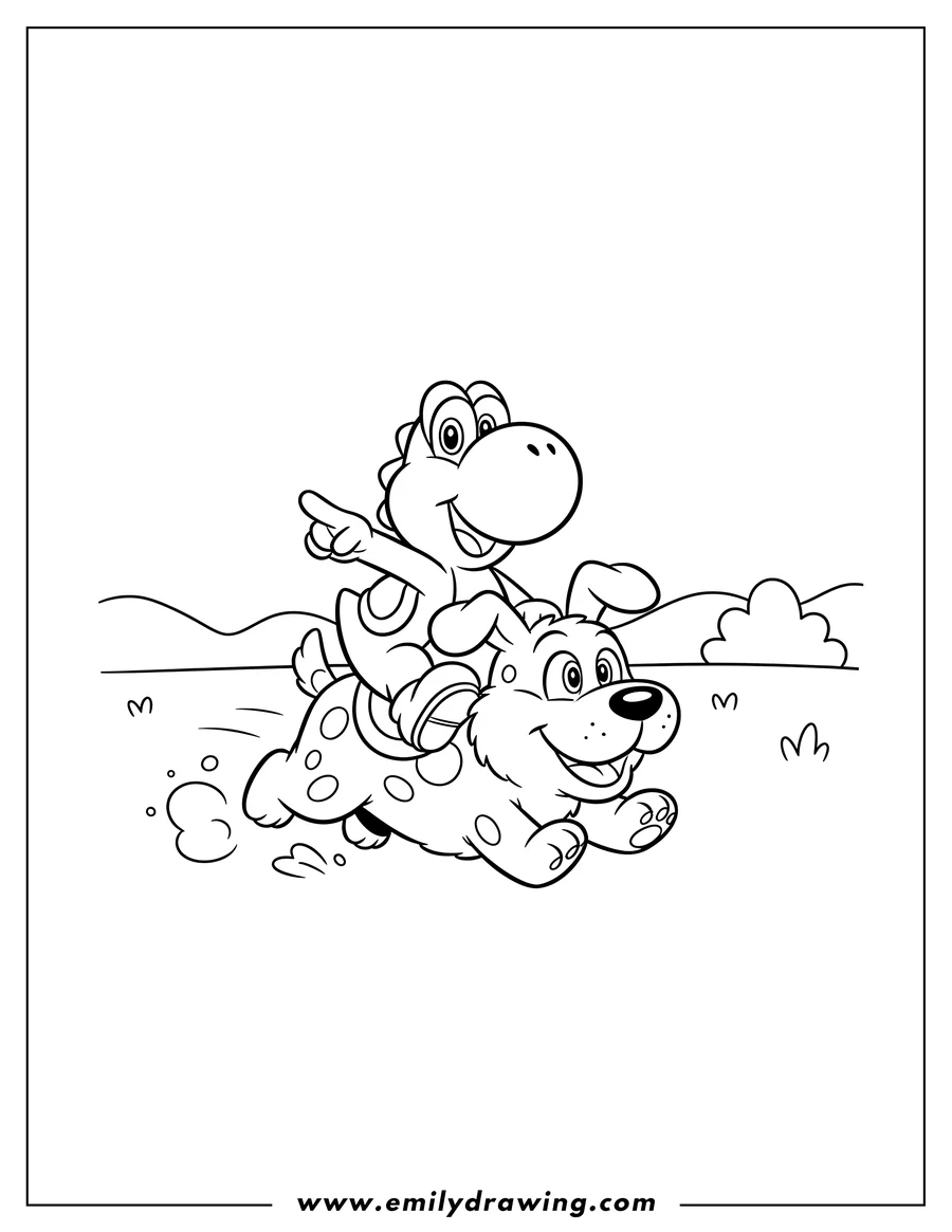 Full page coloring image of happy Yoshi pointing while riding a running Poochy