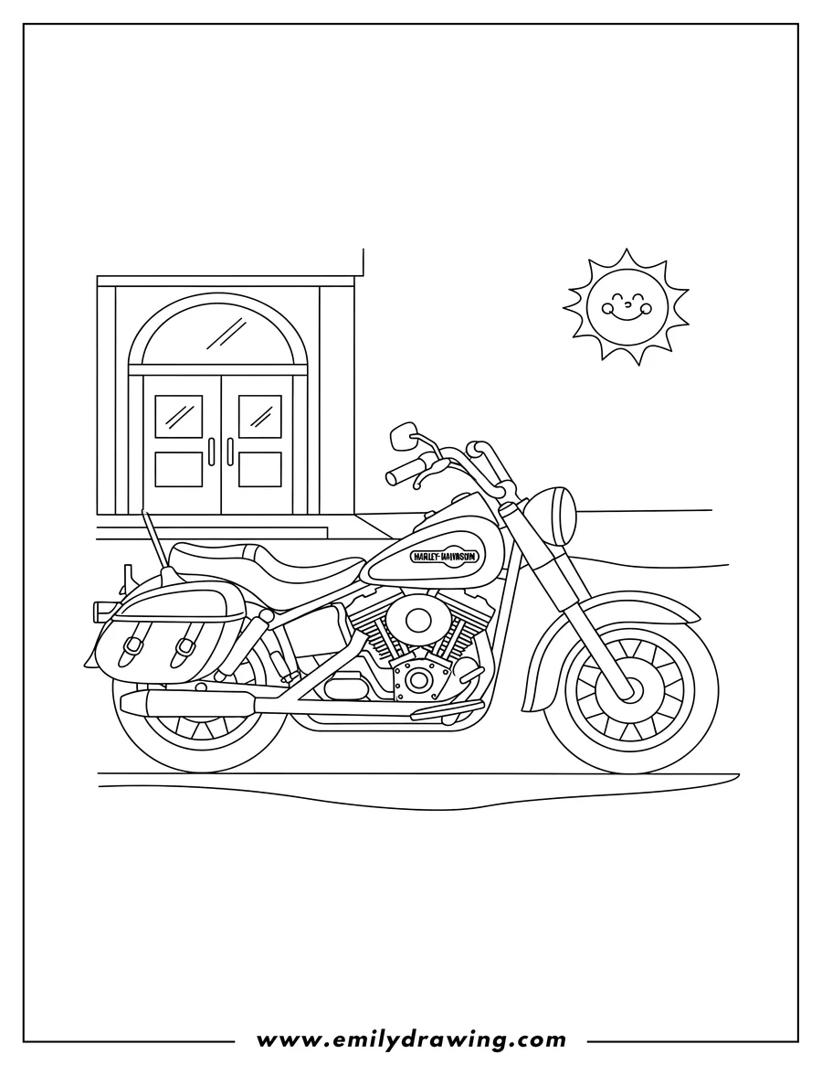 Full page coloring image of A simple Harley Davidson motorcycle parked on a kickstand outside a store, with saddlebags