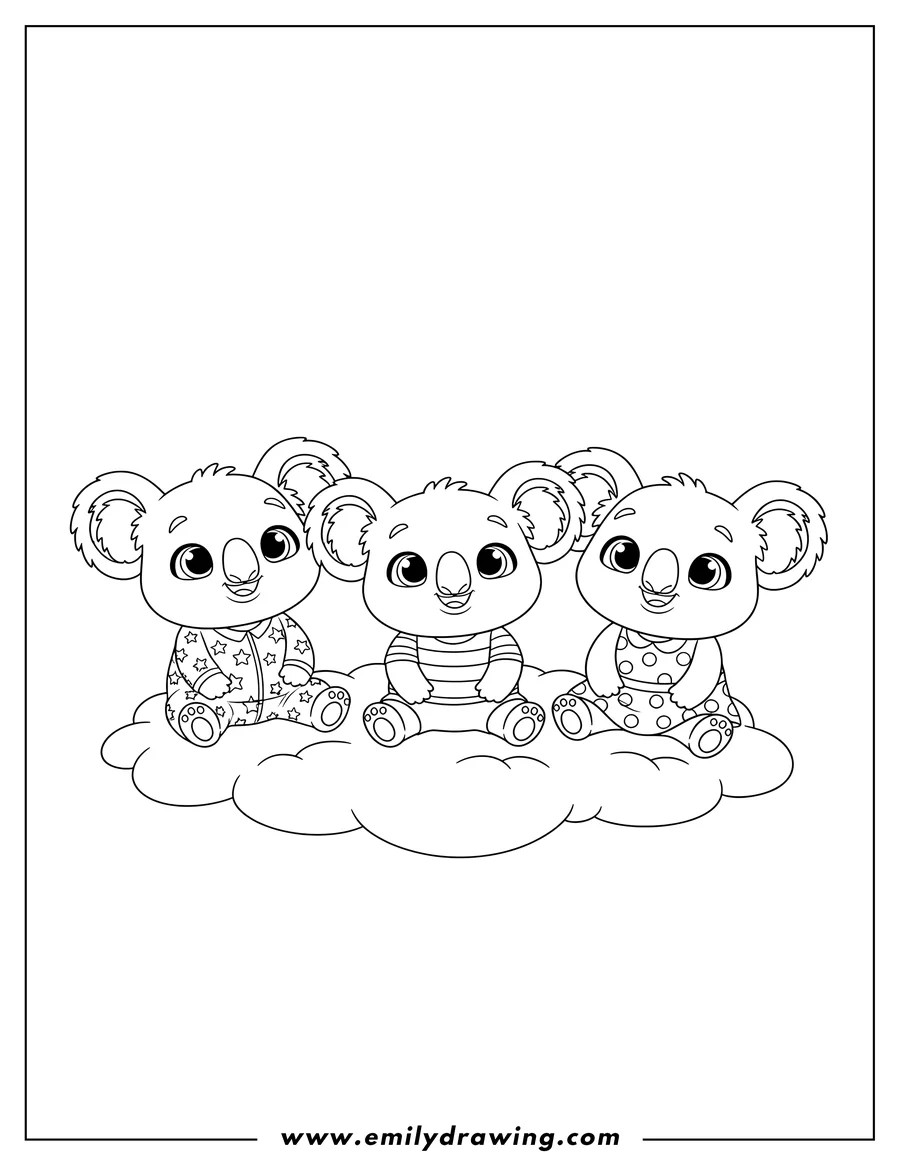 Outline drawing of simple Hatchimals Koala Preschoolers sitting, smiling, and looking up