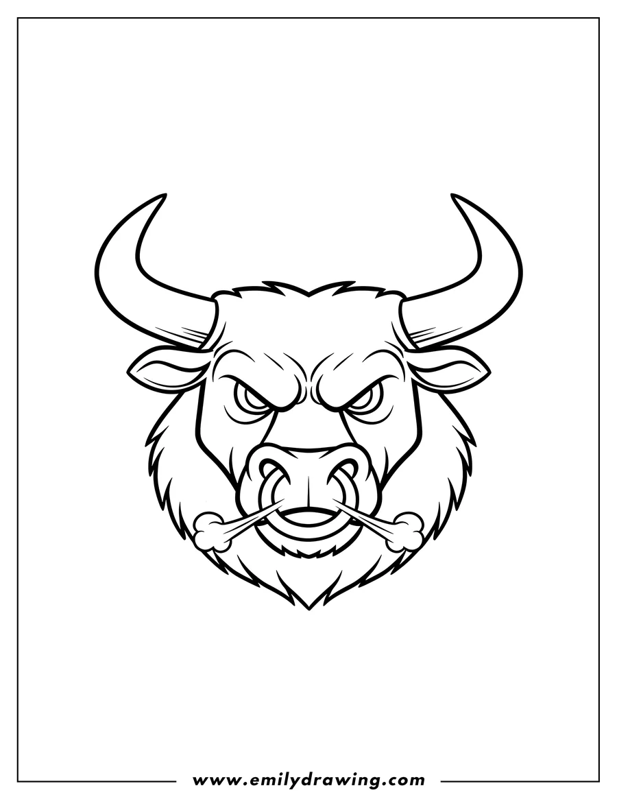 Simple sketch of head Angry Bull, front view, with horns to color