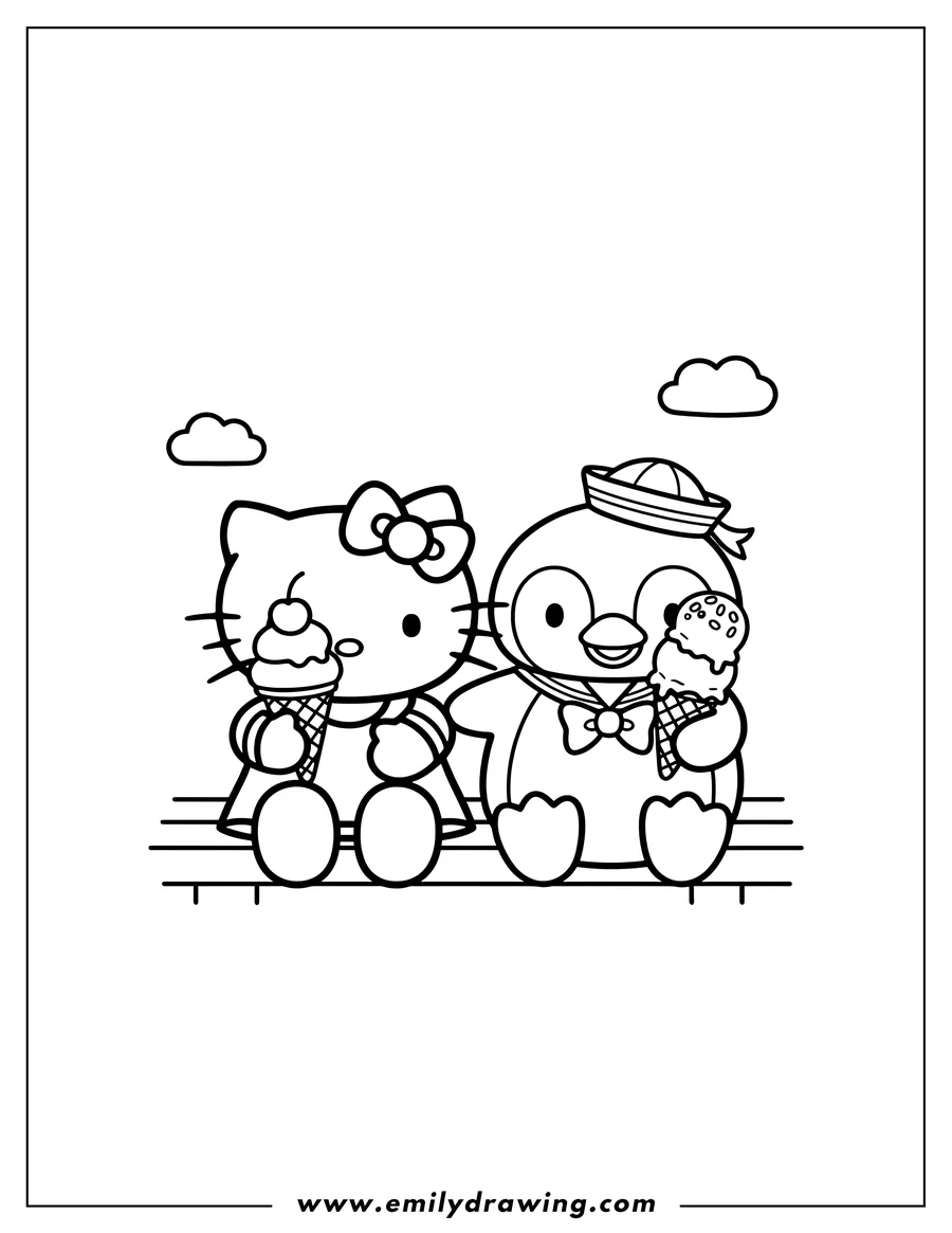 Printable line art of hello Kitty and Tuxedo Sam eating ice cream cones side by side