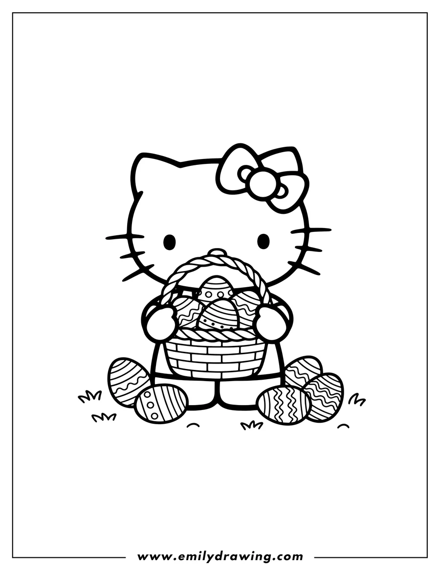 Clean line drawing: hello Kitty wearing a bow, holding a basket filled with Easter eggs, with more eggs on the ground
