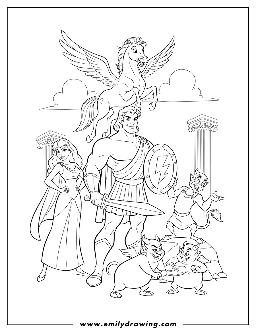 Printable coloring page of hercules holding a sword and shield, with Meg, Pegasus, Phil, and mischievous Pain and Panic