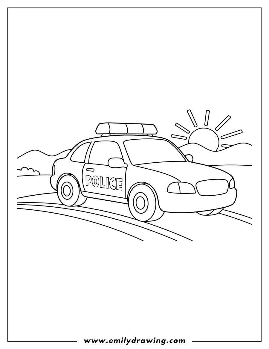 Free printable coloring sheet of highway Patrol Police Car To Color Scaled, with a light bar on top, 'POLICE' written on its side, on a road