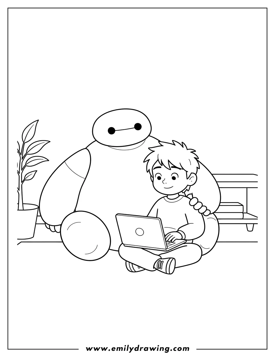Printable coloring page of simple Hiro and Baymax sitting together, with Hiro using a laptop
