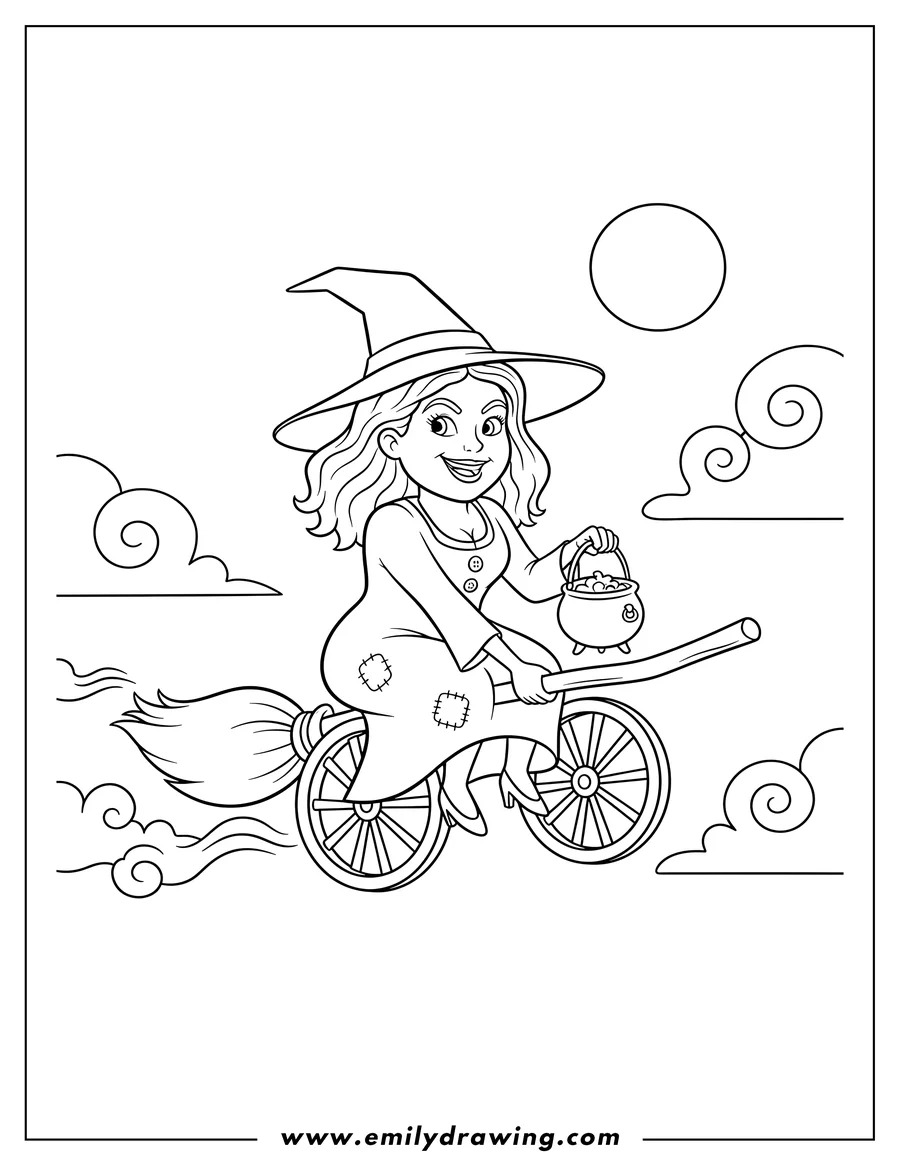 Clean line drawing: simple Hocus Pocus Mary Sanderson flying on a broom with wheels, with a mischievous smile