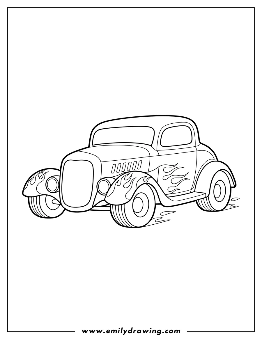 Clean line drawing: simple hot rod with flames, driving, for preschoolers