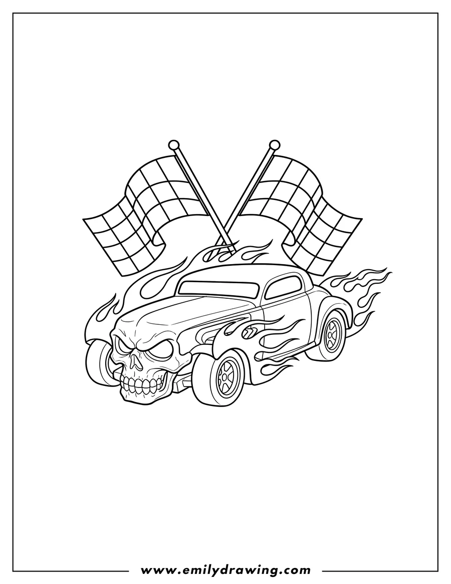 Full page coloring image of hot Wheels Dream Garage Bone Shaker with a skull face, flames, and checkered flags