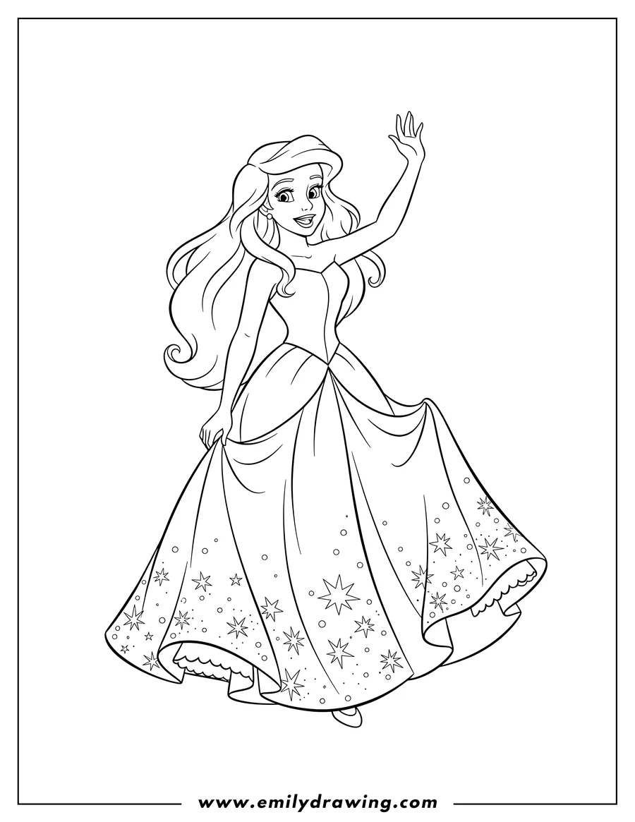 Simple sketch of human Ariel Gown smiling and waving to color