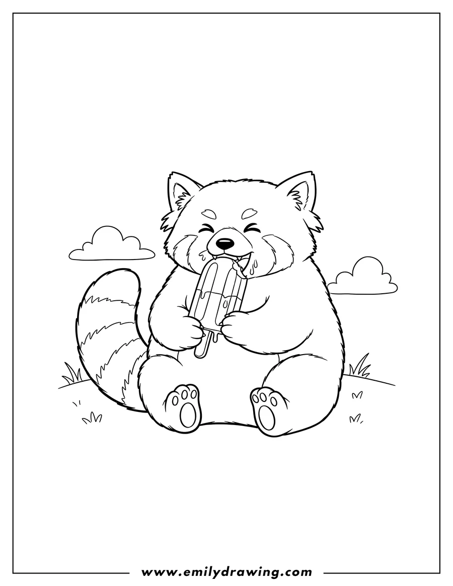 High quality printable hungry Red Panda holding and eating a popsicle for coloring