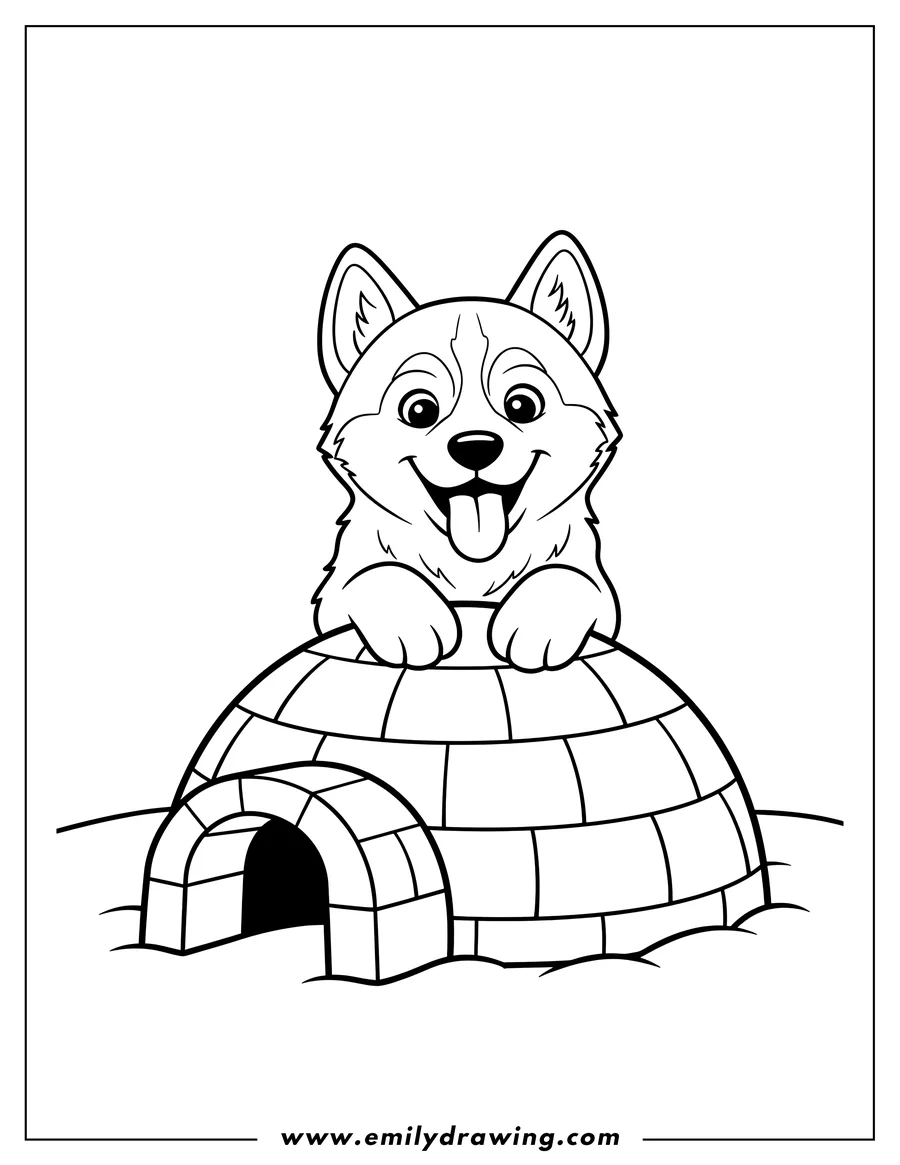 Coloring page for kids: husky puppy smiling with tongue out, front paws resting on an igloo