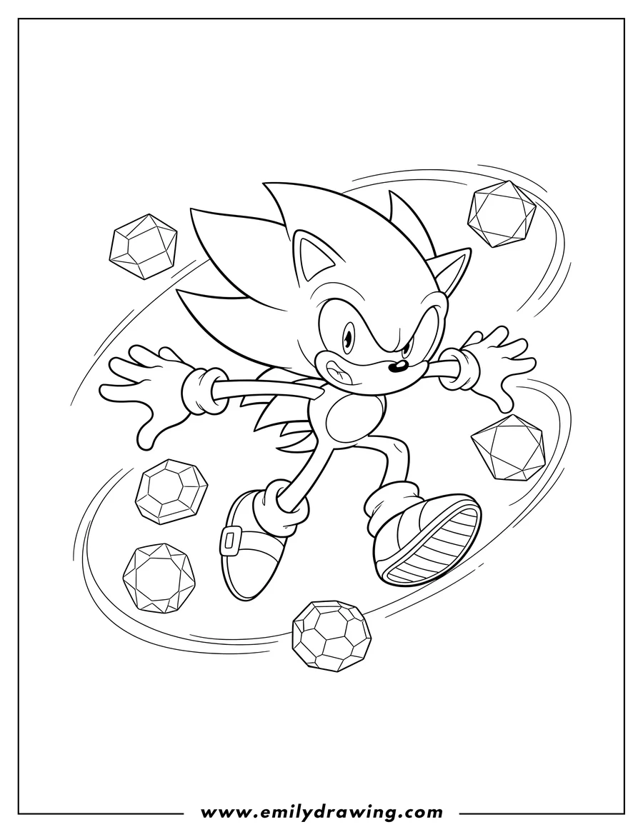 High quality printable hyper Sonic flying with an open mouth, collecting Chaos Emeralds for coloring