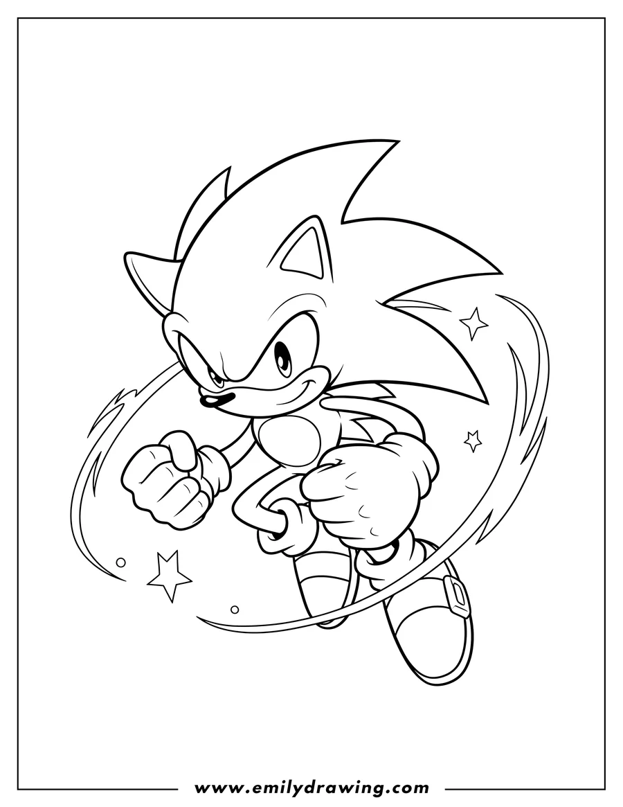 Free to print drawing of simple Hyper Sonic in a dynamic pose with clenched fists and a determined expression