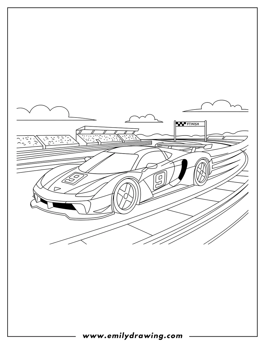 Printable line art of A hypercar with the number 9 racing on a track